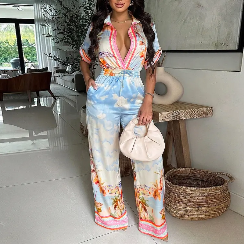 CHICME Women's Landscape Print  Drawstring Waist Jumpsuit Wide Leg Romper Turn-down Collar Half Sleeve Overalls with Pockets