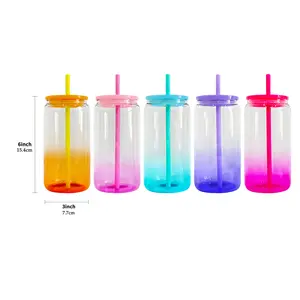 50pcs 16oz Ombre Colors Blank Sublimation Clear Transparent Colored Ombre Gradient Jelly Beer Soda Glass Can with colorful plastic lids, ombre jelly colored 16oz glass beer coffee travel mugs cups for sublimation and UV DTF wraps