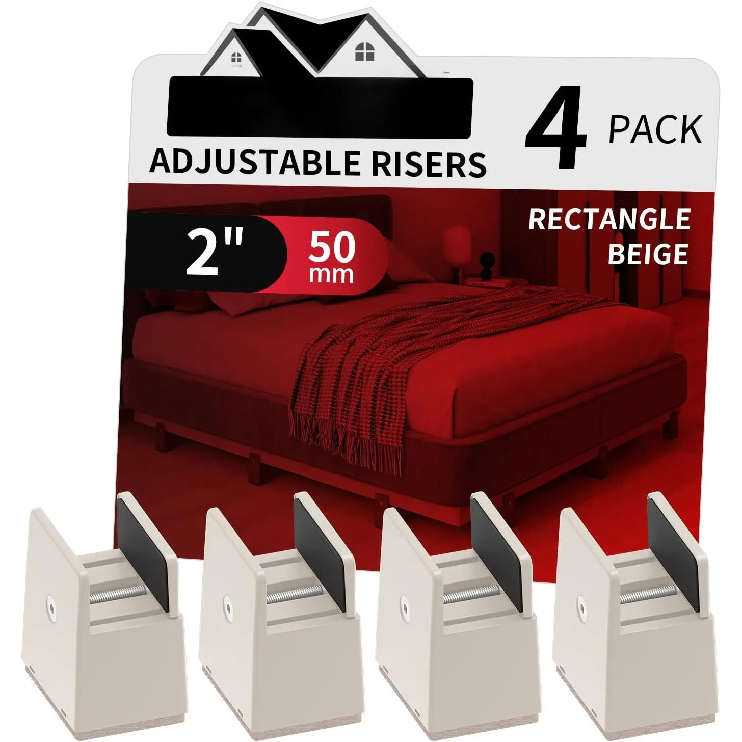 Bed Risers with Adjustable Screw Clamp, Fits Thickness of Furniture Frame from 0 to 1.5 Inch, Elevation in Heights 2" Heavy Duty Risers for Table Cabinet Dresser Support up to 5000lbs (4Pack, Beige)