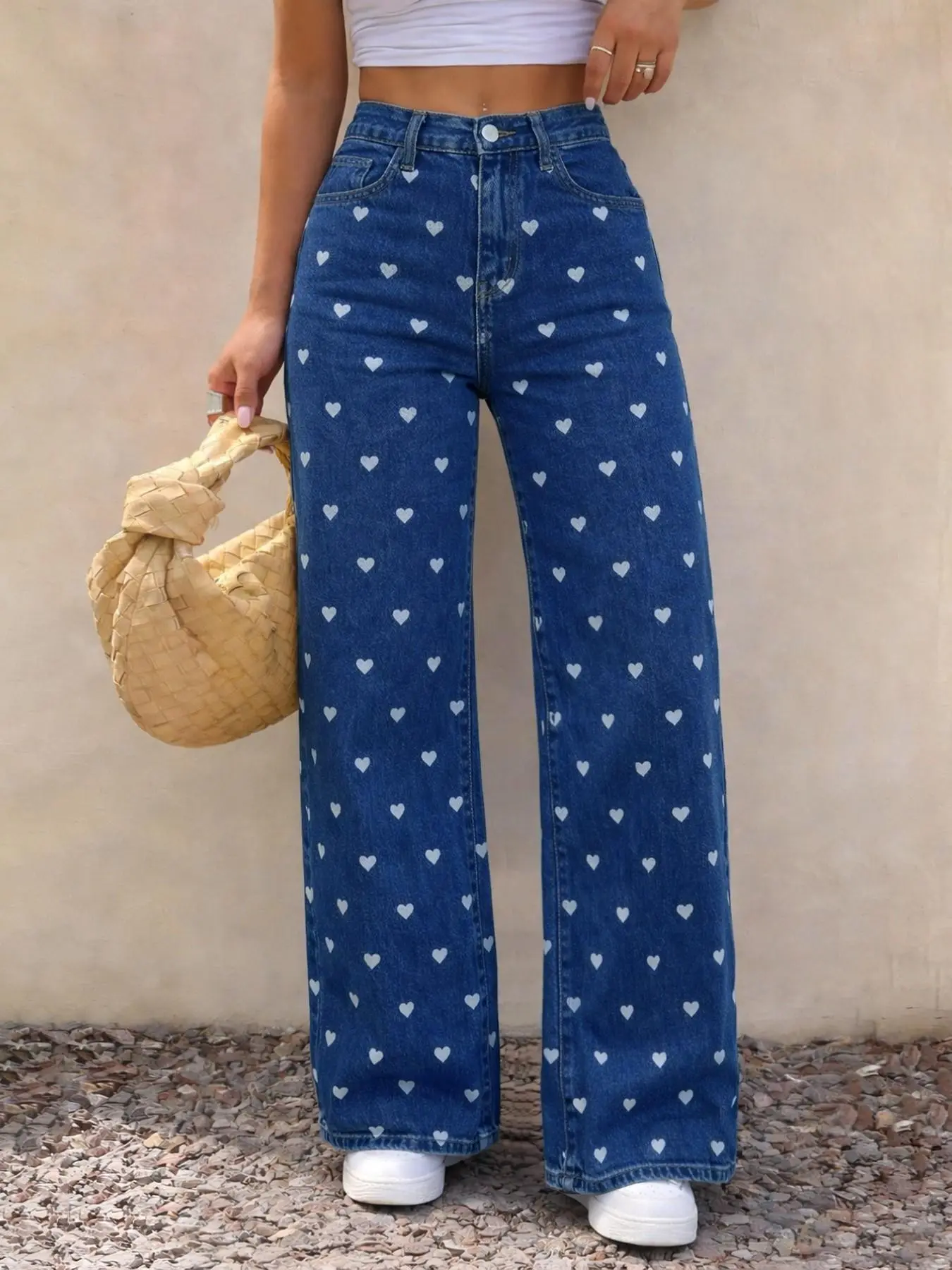 New Summer Autumn Graphic Print Jeans, Blue Wash Hearts Stretch High Waist Wide Leg Fit Pants, Casual Daily Commute Vacation Wear, Women's Versatile Denim, Streetwear