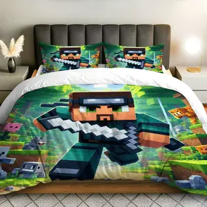 3PCS Duvet Cover Set, 1 Duvet+2 Pillowcases(Without filler), Minecraft Adventure Gamer Block Pixel theme, Halloween bedding set, gamer bedding Suitable for decoration bedroom, dormitory, gaming room, guest room, Bed Sets