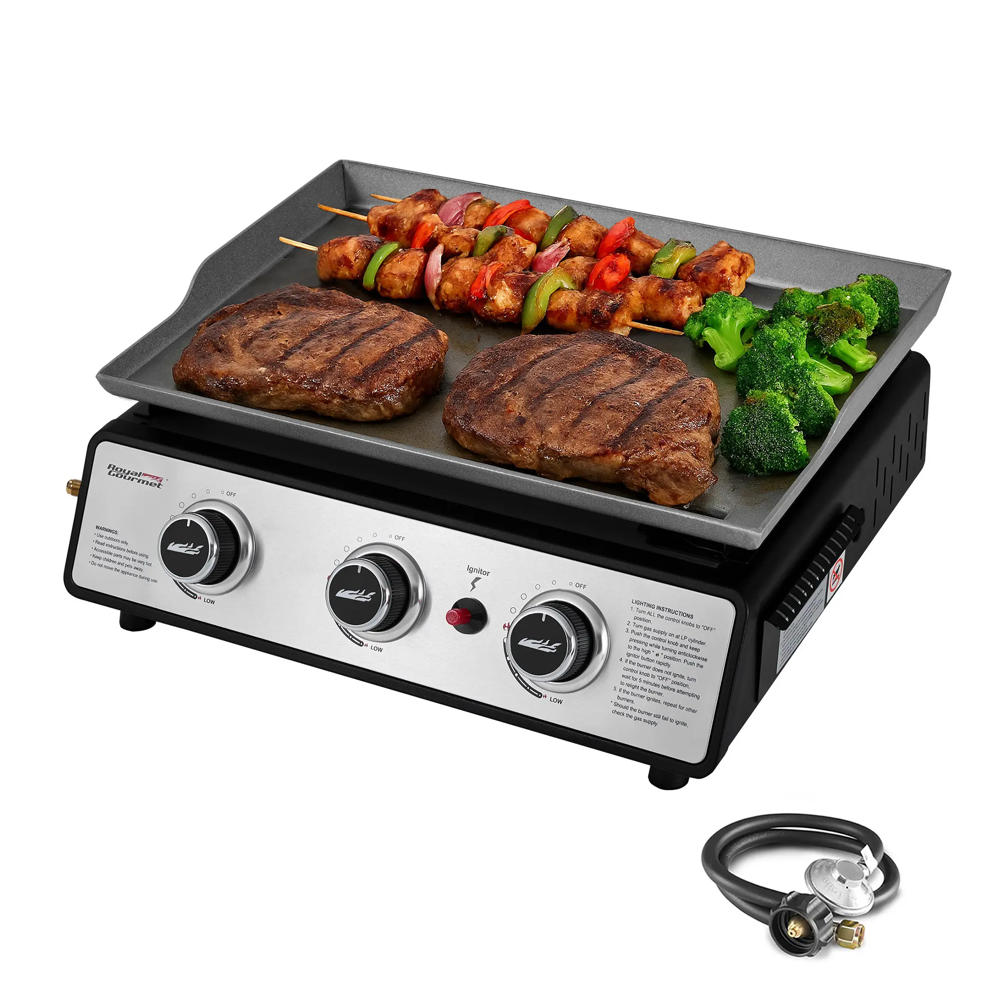 Royal Gourmet PD1301S 3-Burner Portable Propane Gas Griddle, Tabletop Flat Top Grill with 25,500 BTU Cooking Power, 304 Sq. In. Cooking Surface for Camping, Picnic, Tailgating & Backyard BBQ, Black & Silver