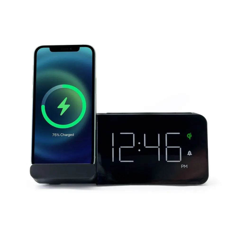Power Stand Alarm Table Clock Black - Capello: Wireless Charger USB Port Modern Design for Bedroom