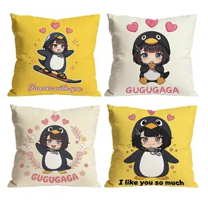 Set of 4 GUGUGAGA Penguin Girl Pillow Covers | Cute Kawaii Skiing Cookie Girl Decor for Home Living Room Bedroom 0327YB