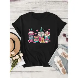 Women's Cute Bear & Drink Print Round Neck Graphic Tee, Vintage Trendy Casual Short Sleeve T-shirt for Daily Wear, Ladies Summer Clothes