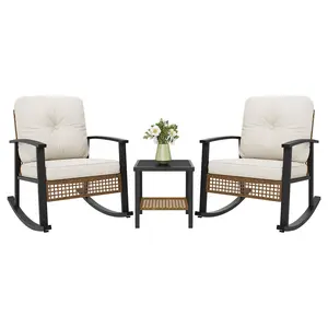 Aoxun 3-Piece Outdoor Rocking Bistro Set, Patio Furniture Set with Coffee Table and Thick Cushions, Wicker Rocking Chairs Set of 2 for Garden, Balcony, Backyard, Poolside, Garden Furniture Sets, Outdoor Furniture Set