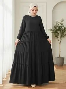 Muslim Round Neck Long Sleeve Layered Patchwork Cake Dress, Back Button Design, Loose-Fitting Casual Style, Spring & Fall Fashion, Modest Style Dress, Muslim Outfits, Hijabi Cute Dresses