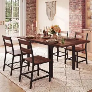 Extendable Dining Table Set for 4, Wood Kitchen Table with 4 Curved Backrest Chairs, Dining Room Table with MDF Board & Metal Frame, Saving Space for Small Apartment, Easy Assembly, Walnut