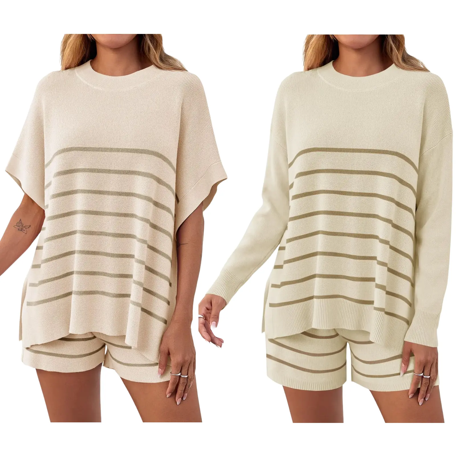 Fisoew Women's Striped 2 Piece Outfits Oversized Batwing Short Sleeve Tops High Waisted Shorts Summer Knit Lounge Short Sets