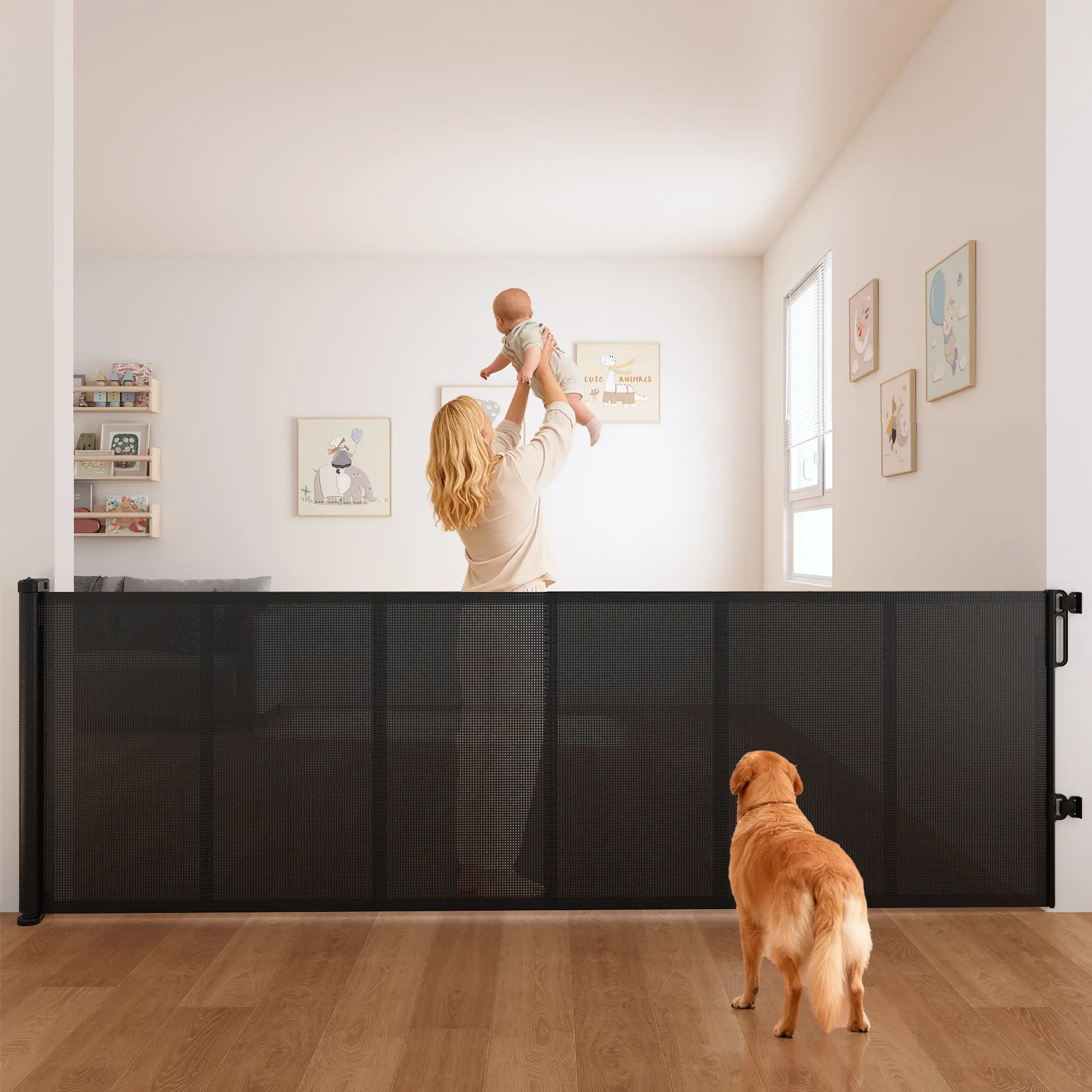A wide 59/70/120/157/200-inch extendable baby safety staircase door, equipped with reinforced edges and a pet safety net door, is designed to prevent crawling dogs from entering the passage.