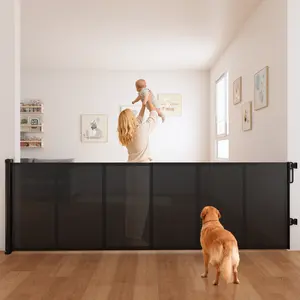 A wide 59/120/157/200-inch extendable baby safety staircase door, equipped with reinforced edges and a pet safety net door, is designed to prevent crawling dogs from entering the passage.