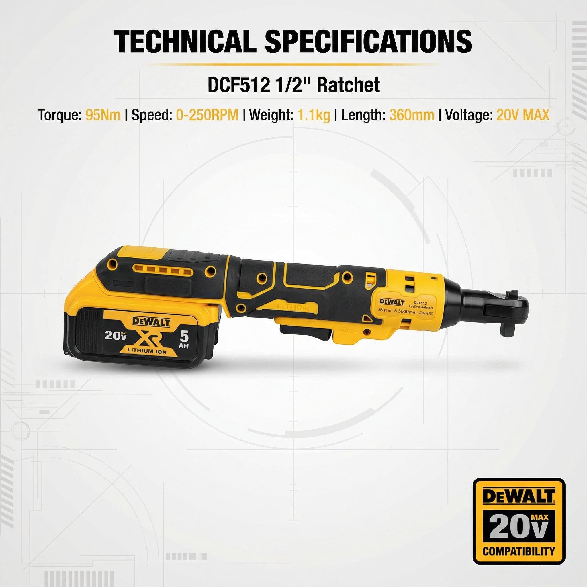 DEWALT DCF512 20V Max Cordless Ratchet – 0-250 RPM Variable Speed, 70 ft-lbs Torque – Compact Design for Mechanics Working in Narrow Spaces