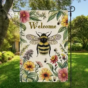 Bee Welcome Garden Flag, Village Core Flower Design, 12x18 Inches, Home Decor, Outdoor Decoration, Yard Art, Garden Ornament