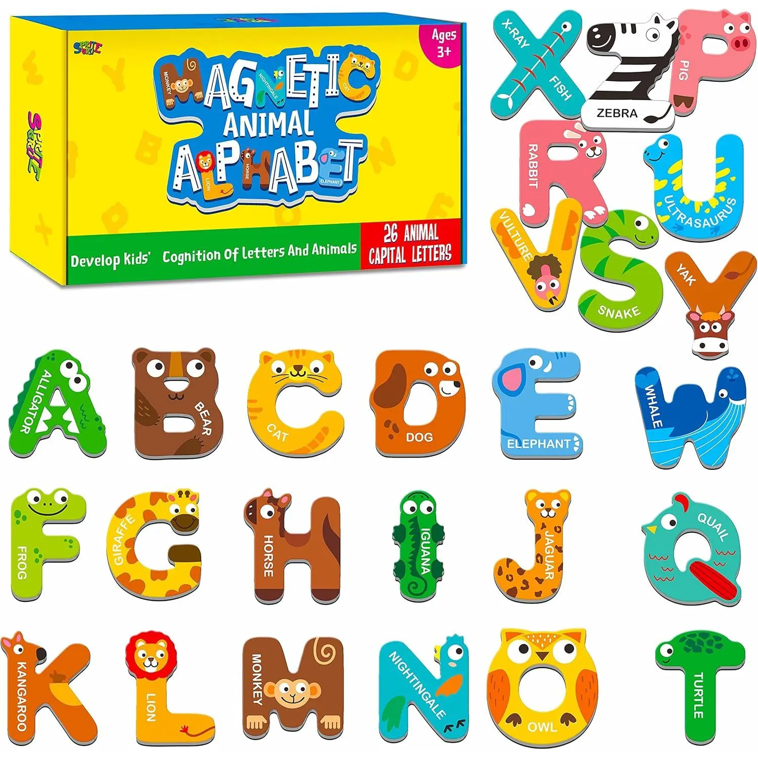 Large Size 26 Animal Magnetic Alphabet ABC Fridge Magnets - Colorful Uppercase Educational Spelling Learning Toys Set for 3-4 Years Old Kids, 26 Magnetic Alphabet Of Animals