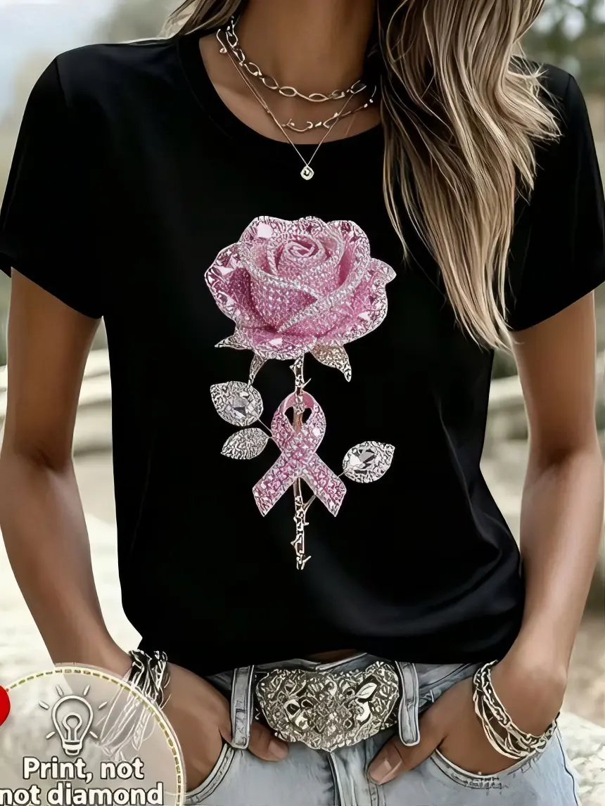 Pink Rose T-Shirt with Pink Ribbon Design, Short Sleeve, Crew Neck, Casual Style, Not Diamond