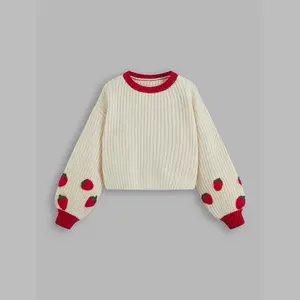 Cider [2 colors, size 2-26] Knitted Round Neckline Strawberry Contrasting Binding Crop Sweater