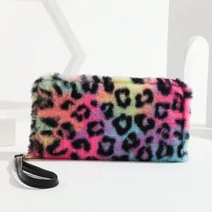 Women's Plush Leopard Print Multifunctional Slim Wallet - Retro Card Holder, Long Wristlet, Leather Clutch, Portable Zipper Storage Accessory for Purses, Wallets