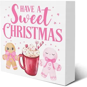 Pink Gingerbread Christmas Decorations, Have a Sweet Christmas Wooden Box Sign for Winter Xmas Holiday, Gingerbread Kitchen Bar Decor 5 X 5 Inch, Party Decor