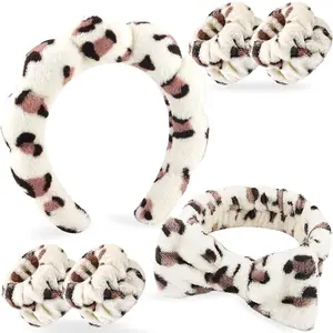 6Pcs Spa Headband for Washing Face Wristbands Set Women Bubble Makeup Sponge Plush Padded Puffy Skincare Headband Bow Tie Hairband Cute Non Slip Thick Hair Accessory Gifts(Beige Leopard)