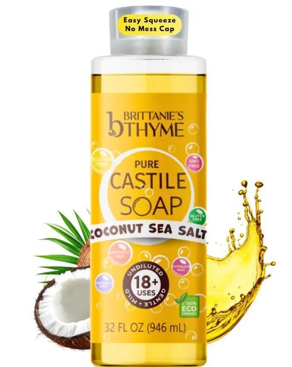 Brittanie's Coconut Sea Salt Castile Soap Cleanser - Pure Natural, Hydrating Olive Oil Formula, Silicone-Free, Sulfate-Free Body Care Hand Soap, Family-Safe, Made in USA, Fresh Coastal Scent, Citric Acid, Gentle, Adults