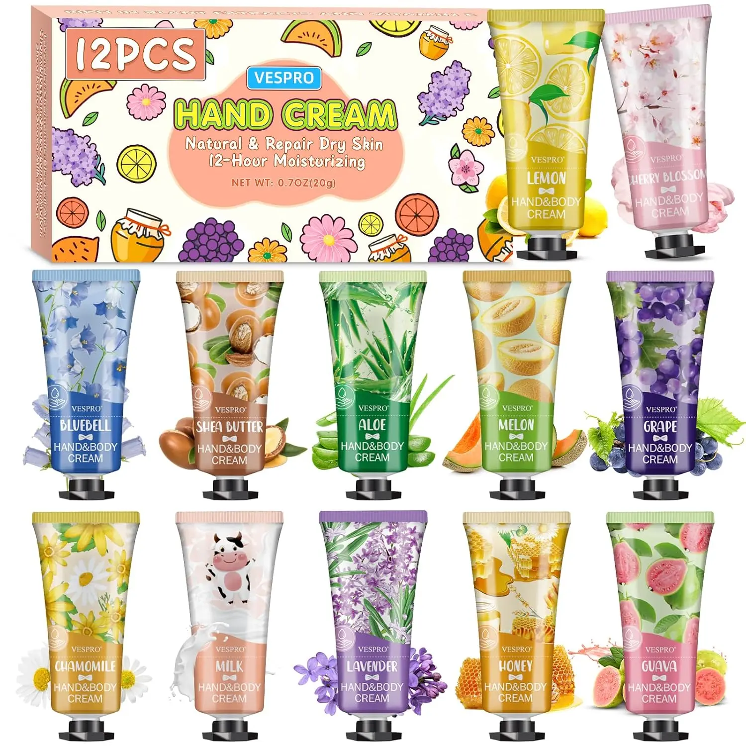 VESPRO 12 Pack Hand Cream Gifts Set For Women, Bulk Hand Lotion Travel Size for Dry Cracked Hands, Mini Hand Lotion for Mother's Day Gifts, Birthday Gifts and Baby Shower Party Favors