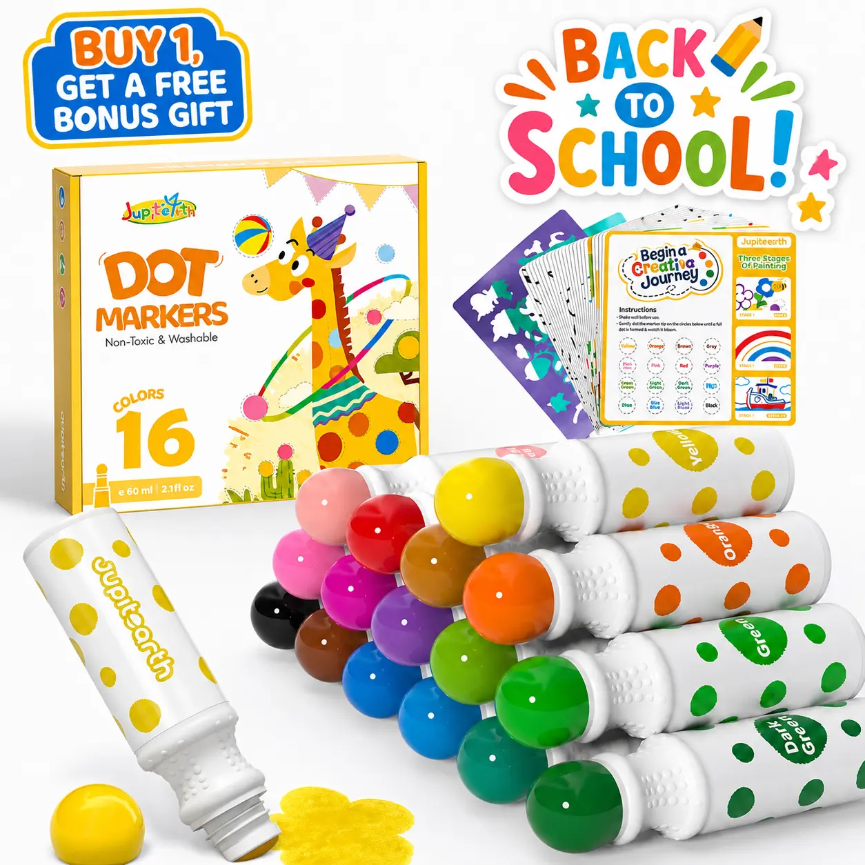 JUPITEARTH 16-Color Washable Dot Markers for Toddlers - Easy-Grip Felt Tip Markers for Coloring Art Crafting Kit with Precision Pens, 24 Printed Activity Sheets, 120-Page PDF Book, Animal-Themed Toddler Gifts for Back to School,back to school haul