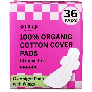 Pixie Organic Cotton Ultra Thin Overnight Pads for Women - Extra Heavy Absorbency with Wings - Leak-Proof, Hypoallergenic & Unscented - Compostable, Biodegradable - FSA Eligible - 36 Count