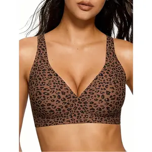 Wireless leopard jelly bra, Bralette for women, daily comfortable V-neck, sexy push-up seamless T-shirt bra, with tummy control and anti-sagging effect, adjustable straps, soft fabric, plus-size underwear, daily wear, Mother's Day Gift