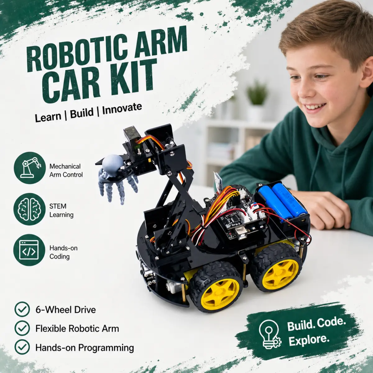 LAFVIN Smart Robot Car Kit with Robotic Arm, 4WD Chassis, Ultrasonic Sensor & Line Tracking Module – STEM Programming Learning Set with Video Tutorial for Arduino IDE Beginners