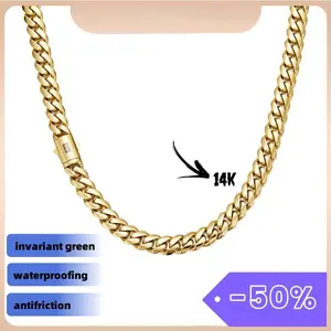 14K Gold Vacuum Plated Stainless Steel With Copper Black "S" Ear Clasp Miami Cuban Link Chain 8-14mm Necklace Italy Mexico & Micro Inspired for Women & Men Luxury Jewelry,Daily Wear,Fashion,Gift,Chicano,Classic,Hip Hop,Simple,Sporty,Lgbt