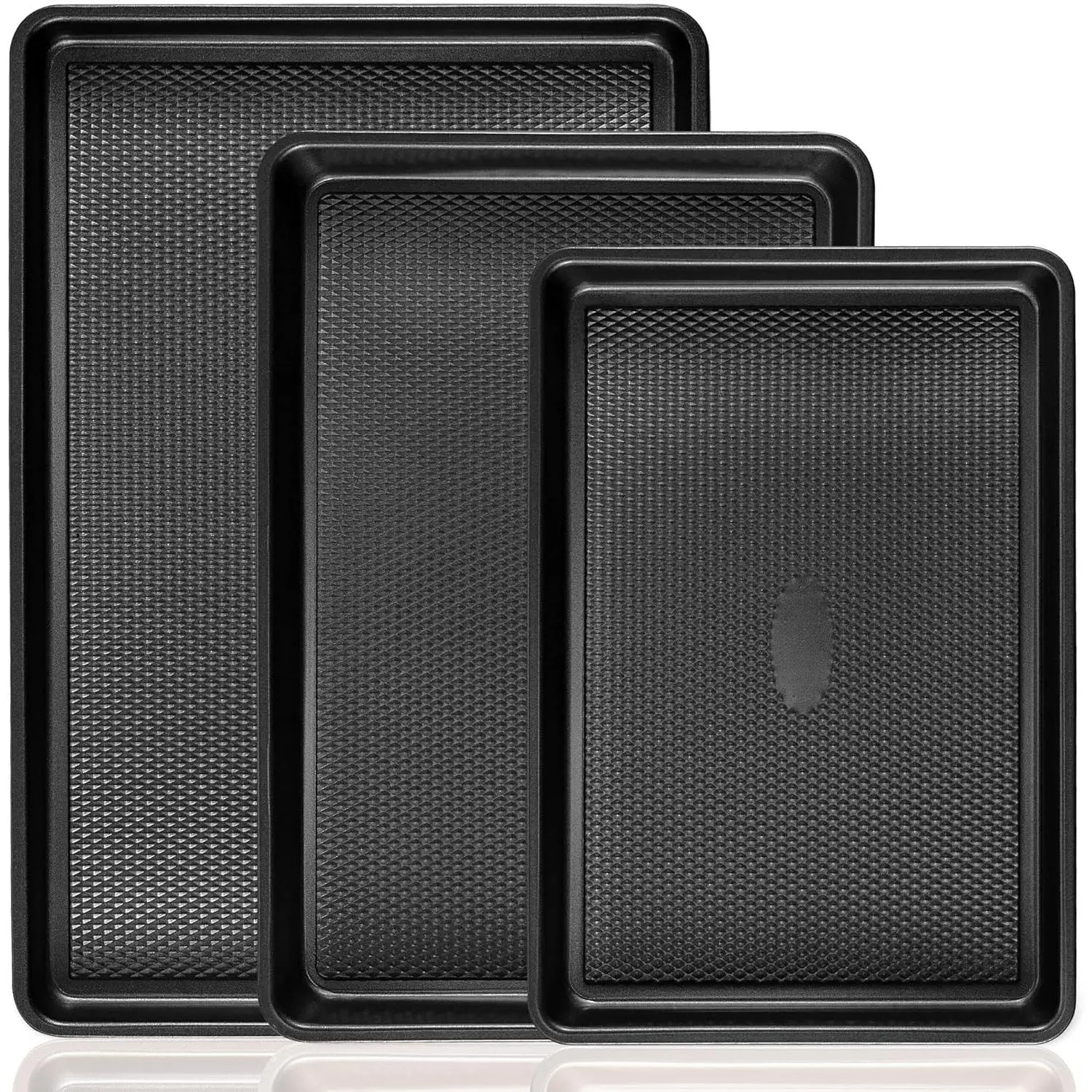 3-Piece Nonstick Diamond Texture Carbon Steel Bakeware Set - Kitchen Baking Tools, Non-Toxic Half & Quarter Jelly Roll Pans, Oven-Safe Black Sheets for Cookies, Cakes