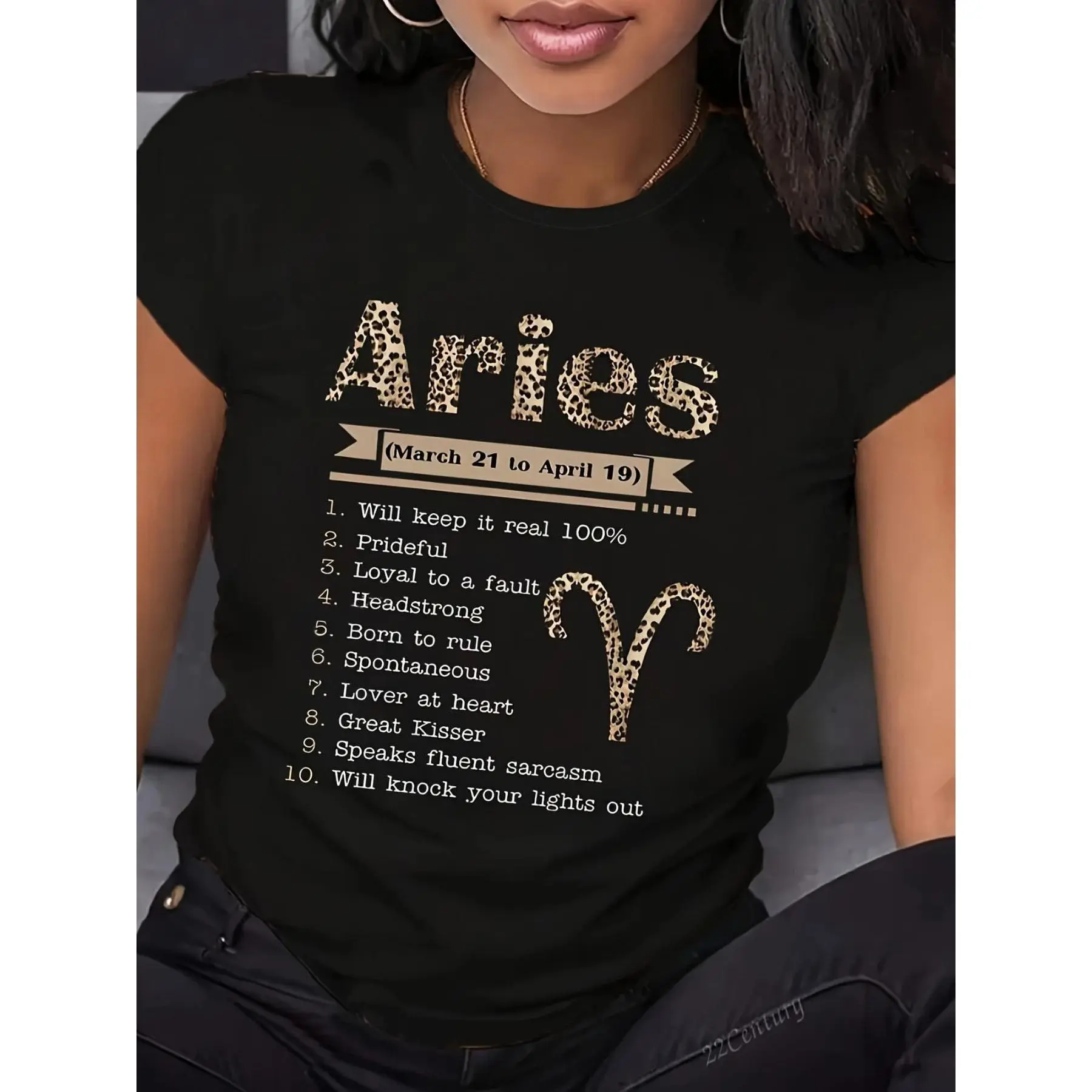 Women's Aries Zodiac Graphic T-Shirt, 100% Cotton Casual Short-Sleeve Crew Neck Top with Medium Stretch, Astrology Birthday Gift, Draped, Knitting, No