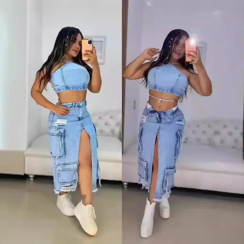 Women's Denim Long Skirt, Stylish Female Streetwear with a High Slit, Cargo Pockets and Distressed Raw Hem, Bottom, Lady