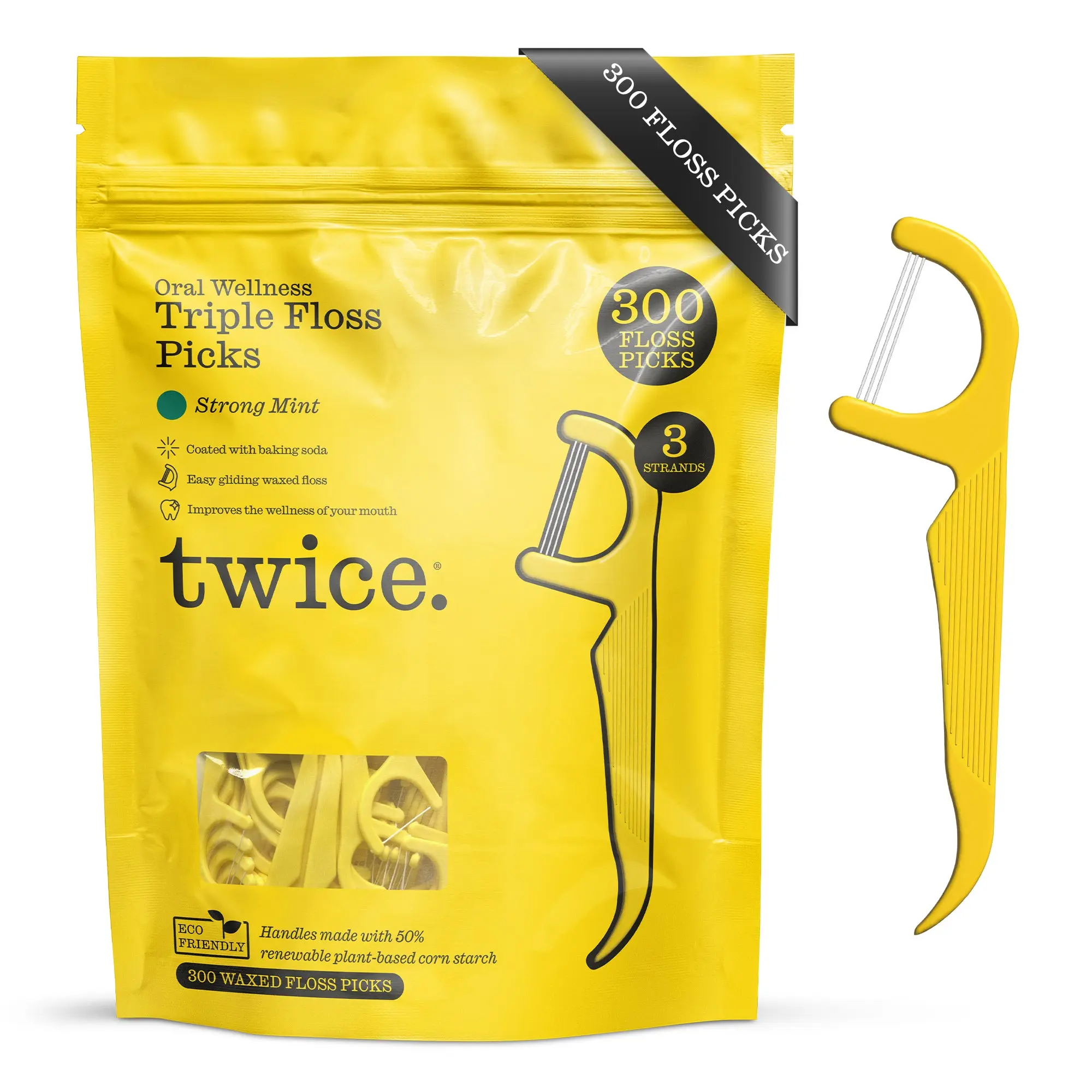 Twice Floss Picks with 3-Strands – Wax-Coated Floss & Toothpick, Strong Mint