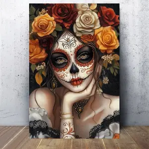 Vibrant Mexican Sugar Skull Canvas Art, Day of the Dead Home Bedroom Above Bed Wall Decor, Mystical Cultural Artistic Aesthetic Style