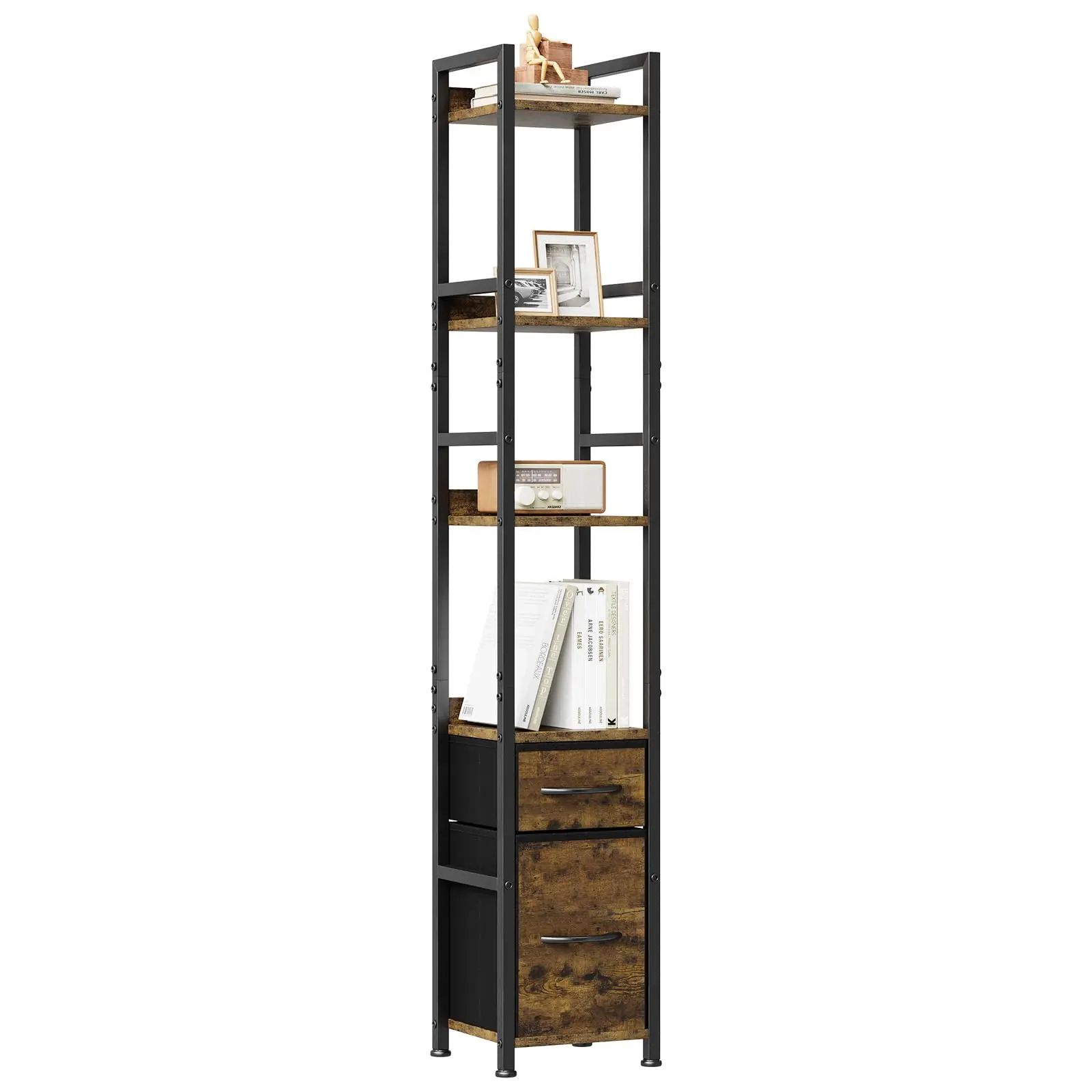 Garvee 6-Tier Narrow Bookshelf with 2 Storage Drawers, 59" Tall Industrial Floor Standing Ladder Shelf in Rustic Brown for Bedroom and Living Room