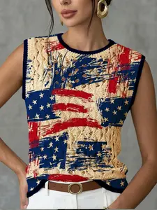 Women's Independence Day Flag Colorblock Print Round Neck Short Sweater Vest, Casual Sleeveless Knit Top, Breathable Summer Clothing, Womenswear