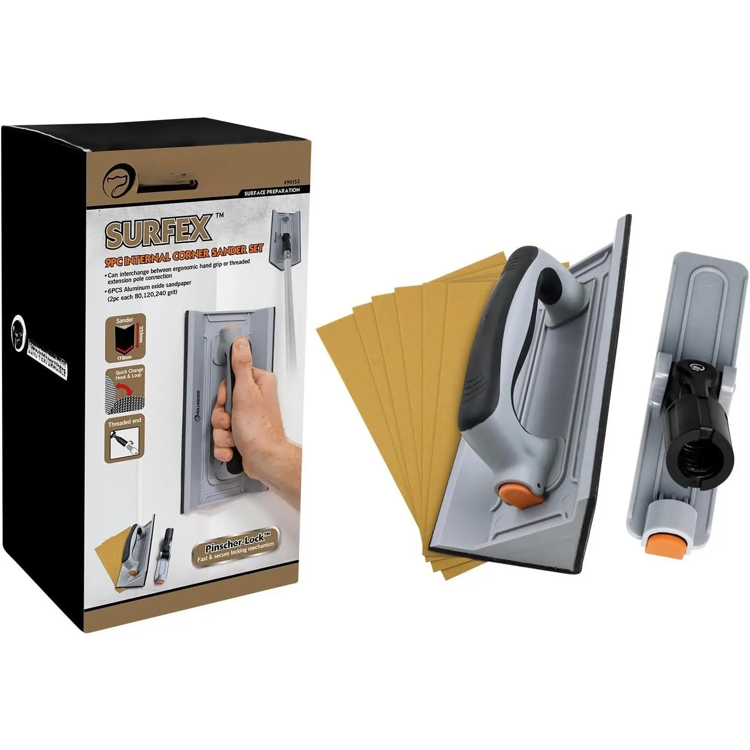 Drywall Corner Hand Sander with Comfortable Rubber Gripped Handle, Hook-and-Loop Sandpaper Set - 2pcs 80/120/240 Grit, 6 Count + 9 Count Oxide Mesh Sheets, Easy Multiple Grits Changes for Wall Corner Cleaning, Polishing