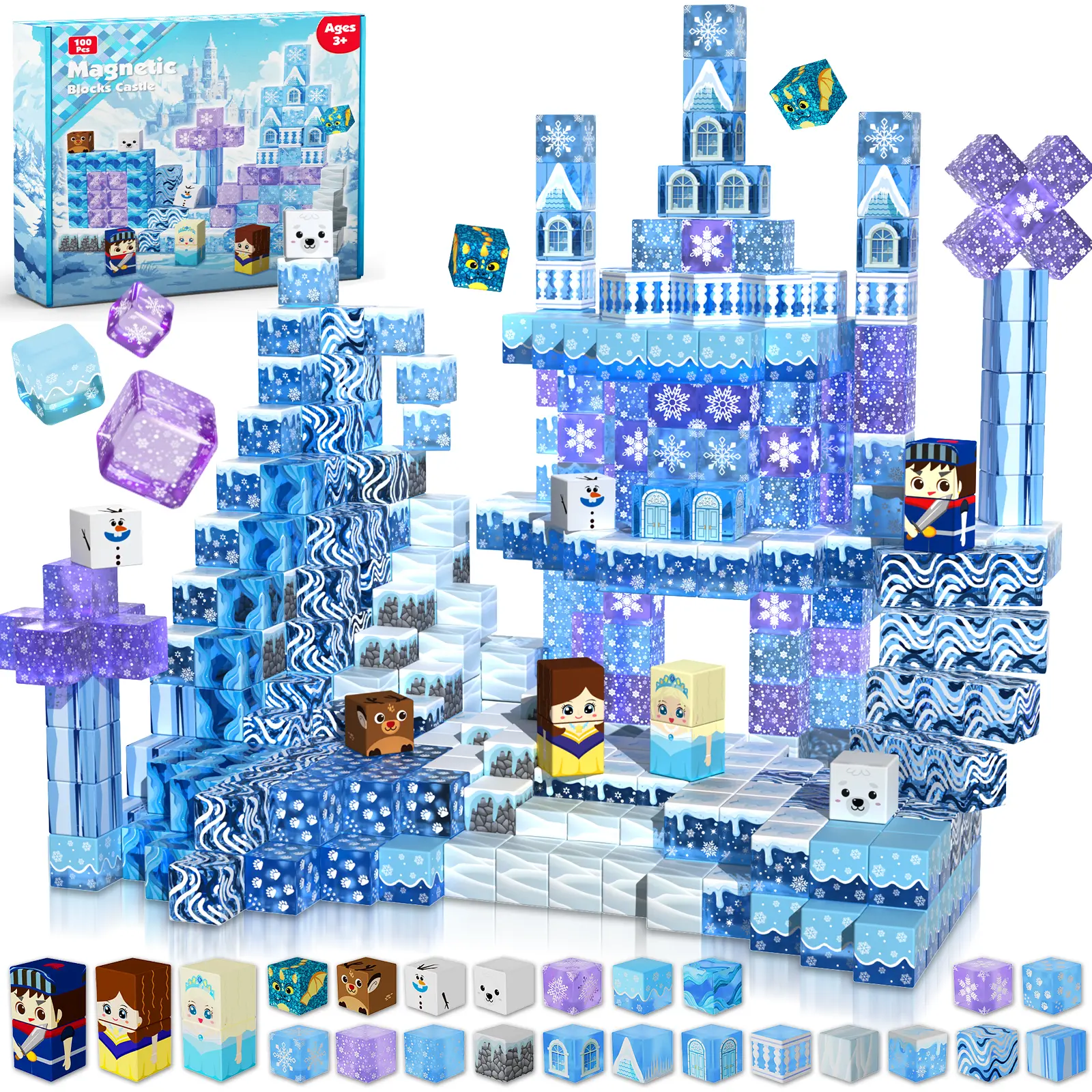 Magnetic Blocks - 100Pcs 0.8in Magnetic Building Block for Kids Ages 4-8, Transparent Magnet Block Blue Princess Castle, Magnet Cubes Tiles Princess Toy for Girl 3 4 5 6 7 8-12 Birthday Gift,summerwins summerwins