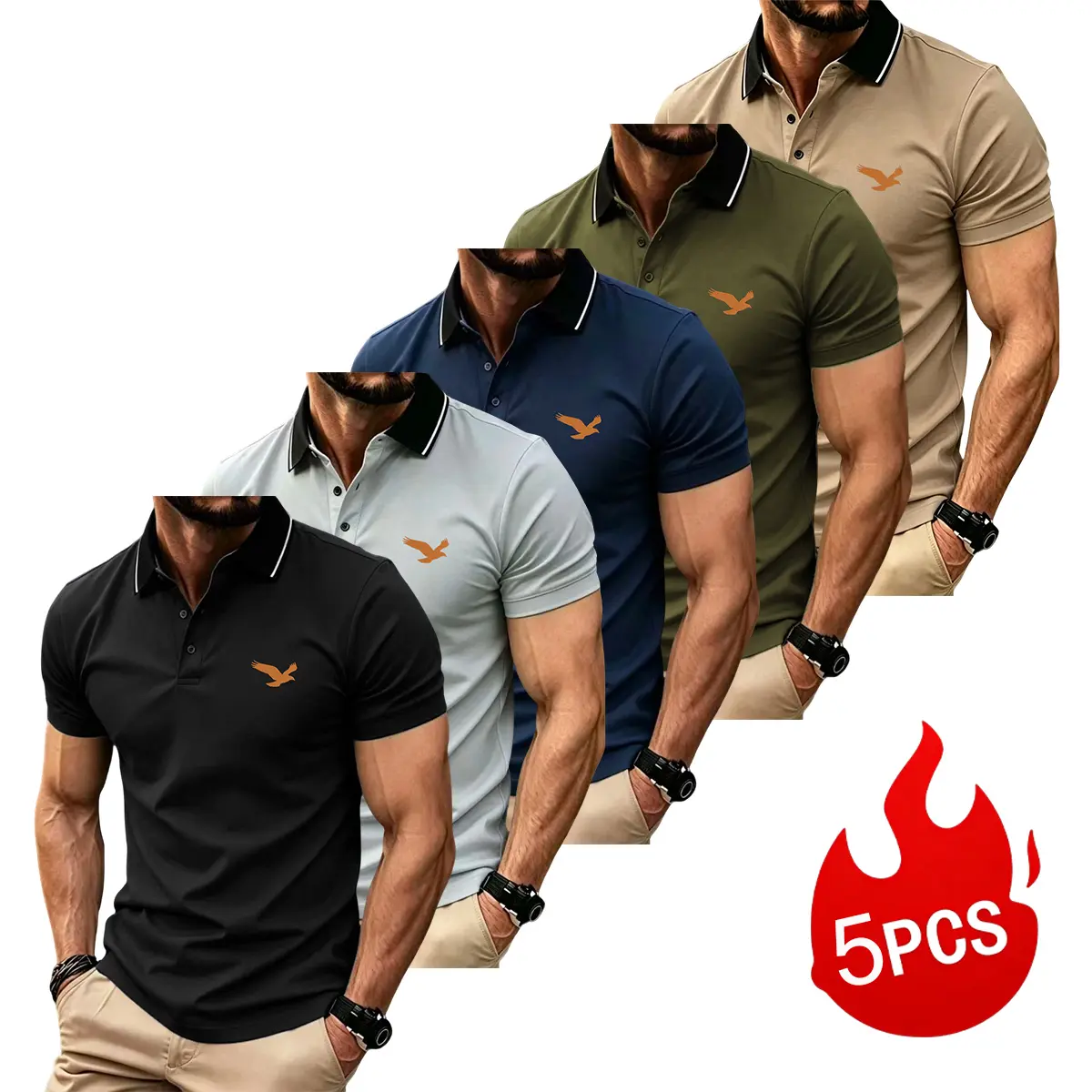 5-pack classic solid-color men’s shirts; breathable high-quality collared shirts; casual fashion knit polo shirt with pockets and short sleeves; business golf polo shirt