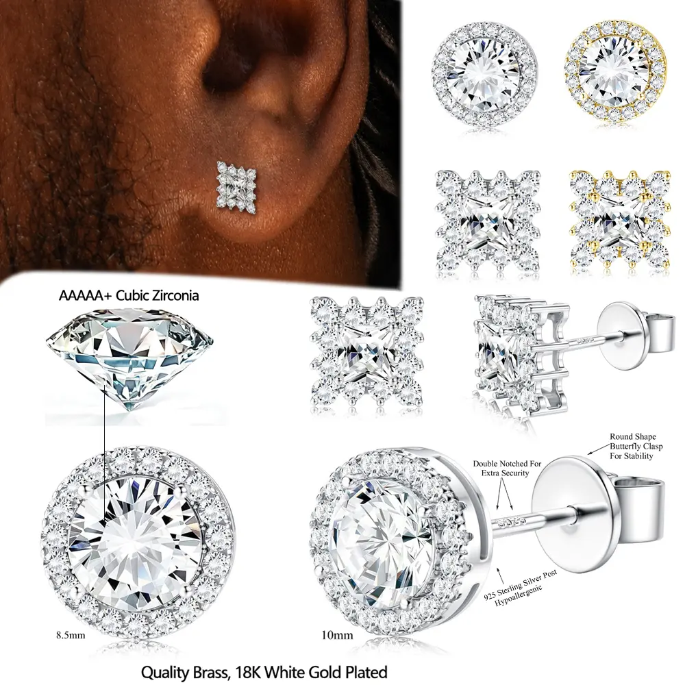 S925 Silver Post Stud Earrings Set 18K White Gold Plated wedding Earrings Hypoallergenic elegant silver | Round & Square Designs | Cut Cubic Zirconia Earring