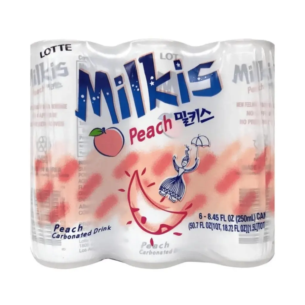 Lotte Milkis Peach Flavor Creamy Carbonation Fizzy Drink - 250ml x 6 Pack, Ambient Storage