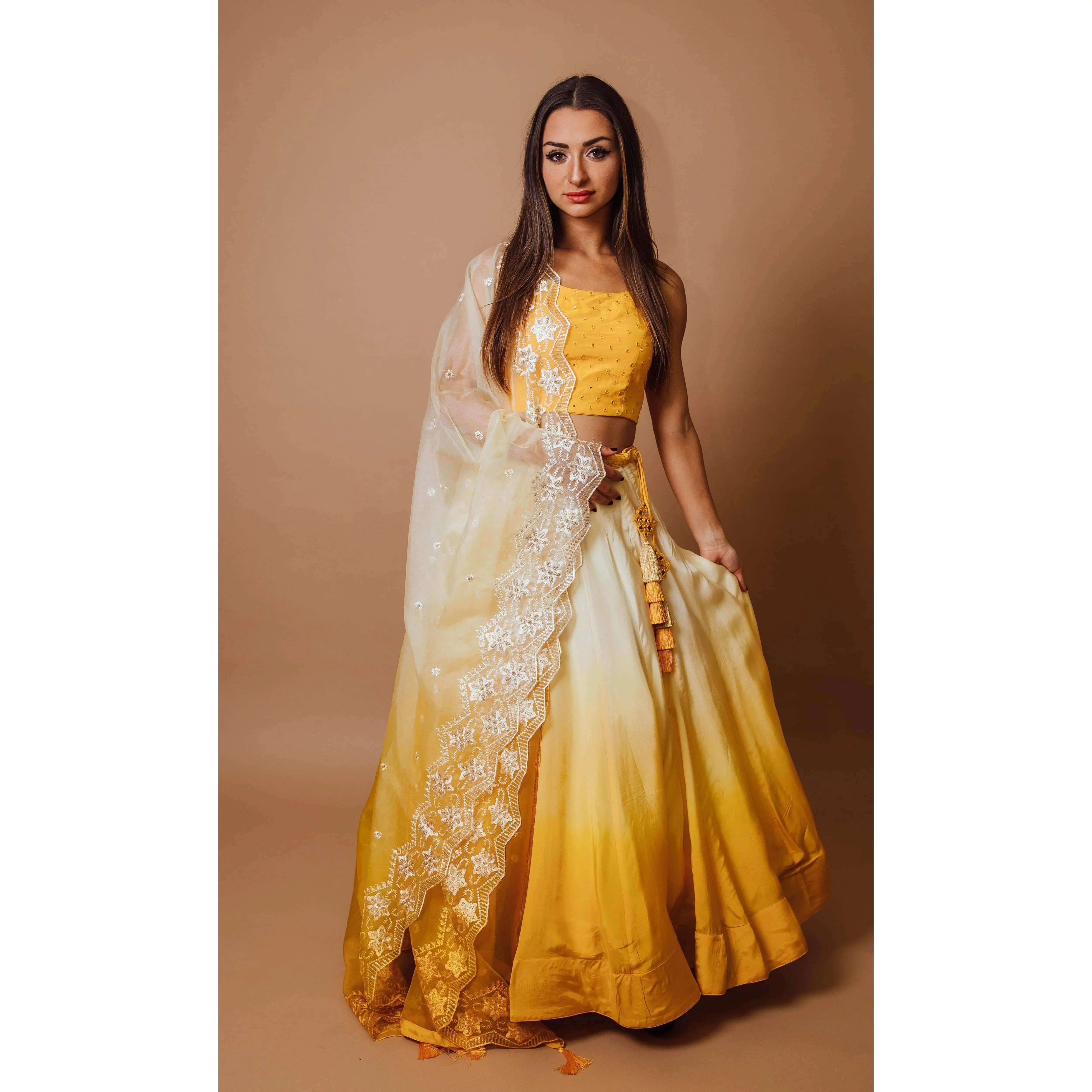Yellow Lehenga Choli Set with Mirror Work Blouse and Embroidered Dupatta