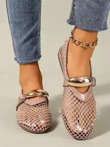 Women's Mesh Ballet Flats, Round Toe Breathable Daily Wear Shoes, Metal Buckle Mary Jane Style, Comfortable Casual Office Wear, Spring Dance Shoes, Casual Trendy Flat