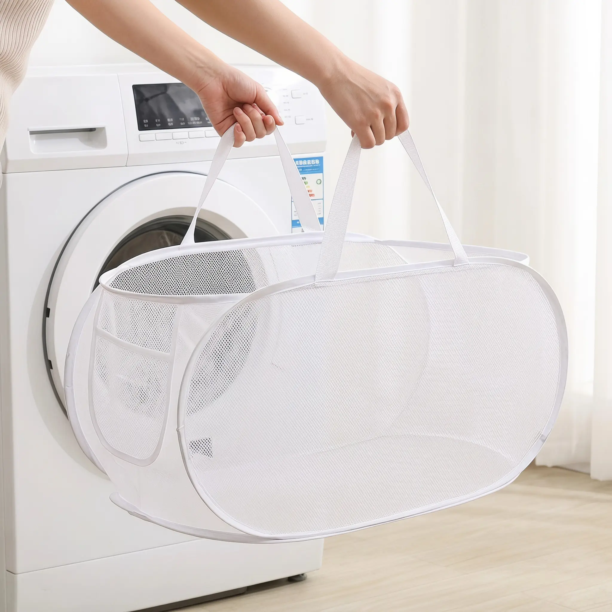 Mesh Laundry Basket with Handle, Collapsible Laundry Hamper, Foldable Large-Capacity Clothes Storage Basket, Multifunctional Storage Organizer for Home & Laundry Room, Folding Laundry Basket-MM1