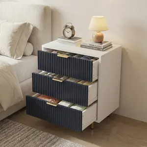 Spaco  3-Drawer Dresser – Fluted Modern Wood Chest of Drawers with Deep Drawers, Wide Top, White & Navy Blue Finish, Bedroom, Living Room