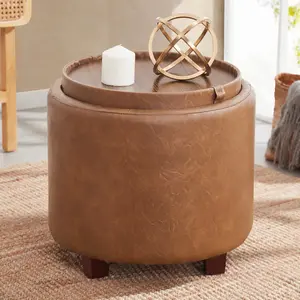 Lawrence Round Faux Leather Storage Ottoman with Table Top Lid - Mocha