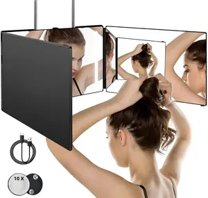Adjustable LED Light 3 Way Mirror, Portable Trifold Mirror for Shaving, Grooming, Hair Styling, Dye Hair, Makeup, Braiding, 360 Degree Mirror