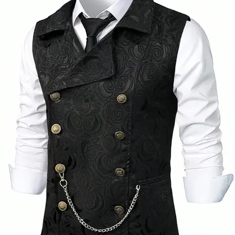 Men's Solid Color Double Breasted Suit Vest with Chains, Regular Fit Casual Retro Style Sleeveless Button Front Vest for Wedding Party, Fashion Men's Clothes for All Seasons, Button Suits Vest, Menswear