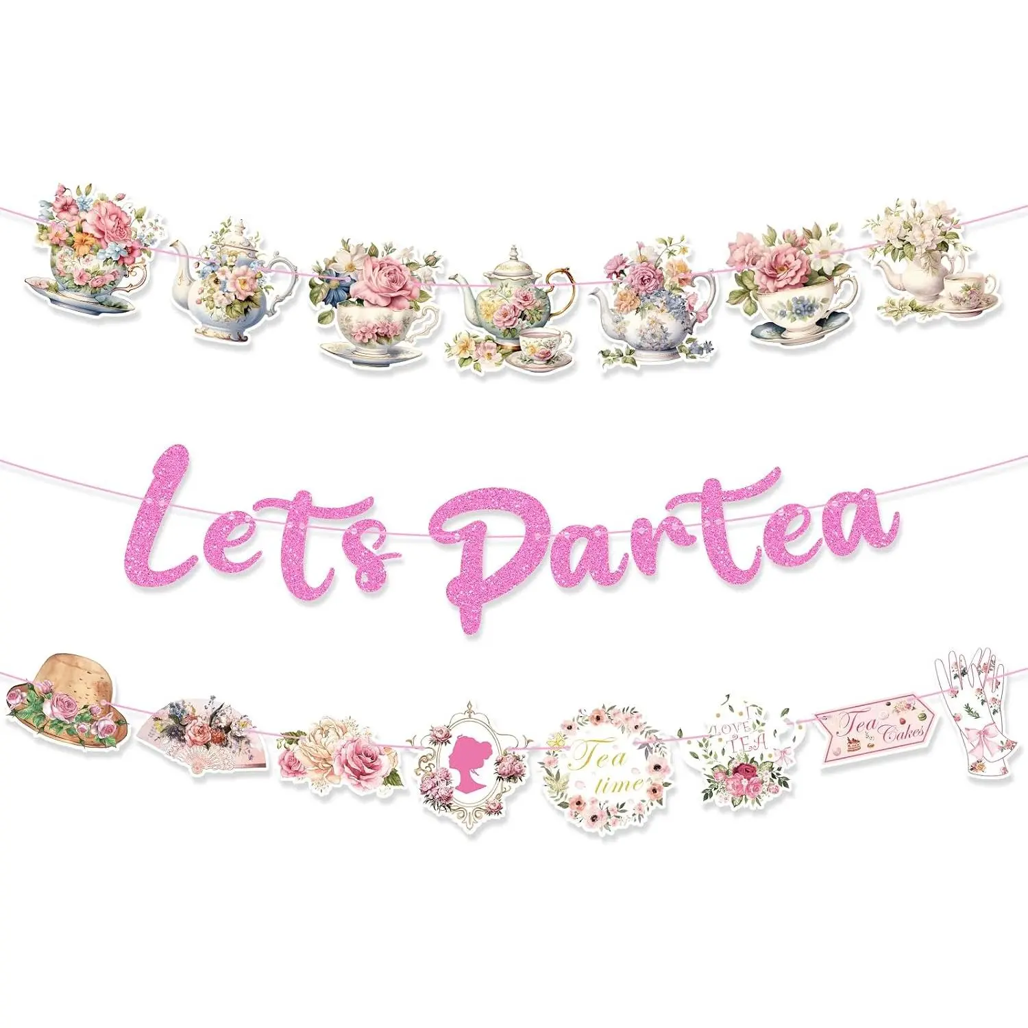 Pre-Strung Let's Partea Tea Party Decorations Banner with Vintage Tea Party for Adult and Kids Tea Party Supplies, Pink
